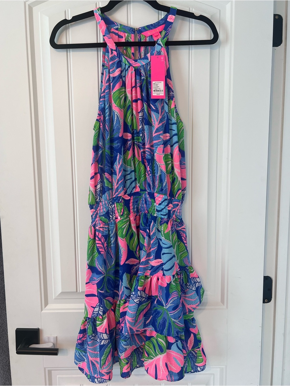 Lilly Pulitzer bright Blue, Pink & Green Dress with ruffle hem and smocked waist